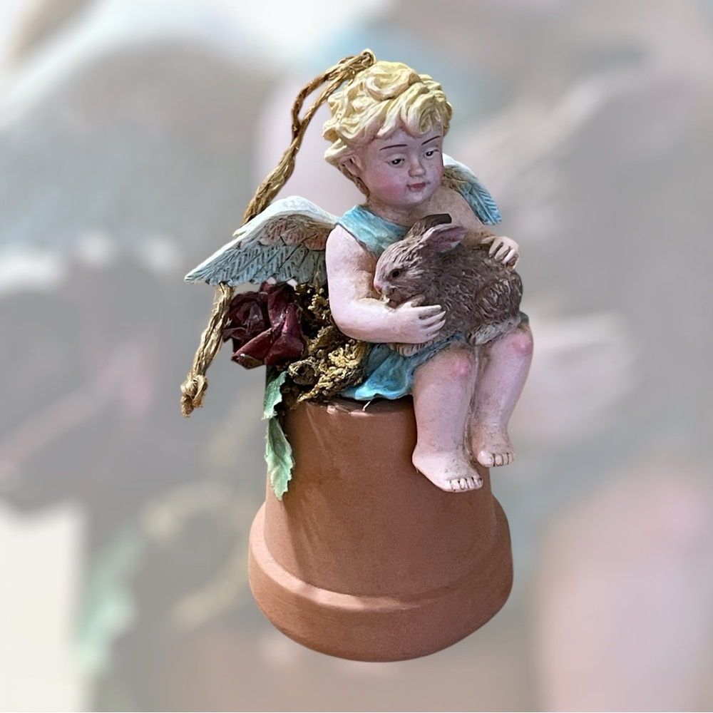 Vintage Bell - Angel Cherub Sitting on Clay Pot Holding a Rabbit in Her Arms